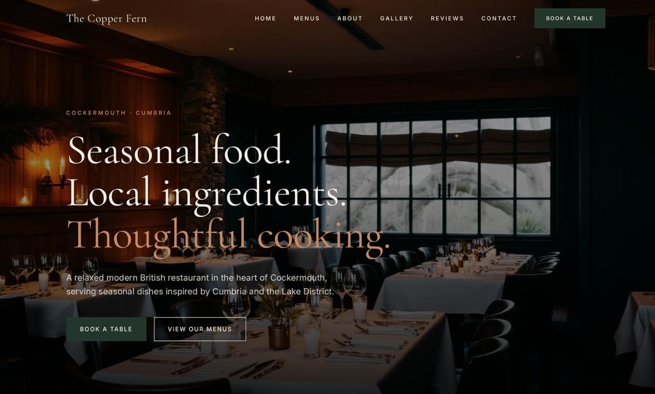 Copper & Fern Kitchen concept website displayed in a desktop browser window