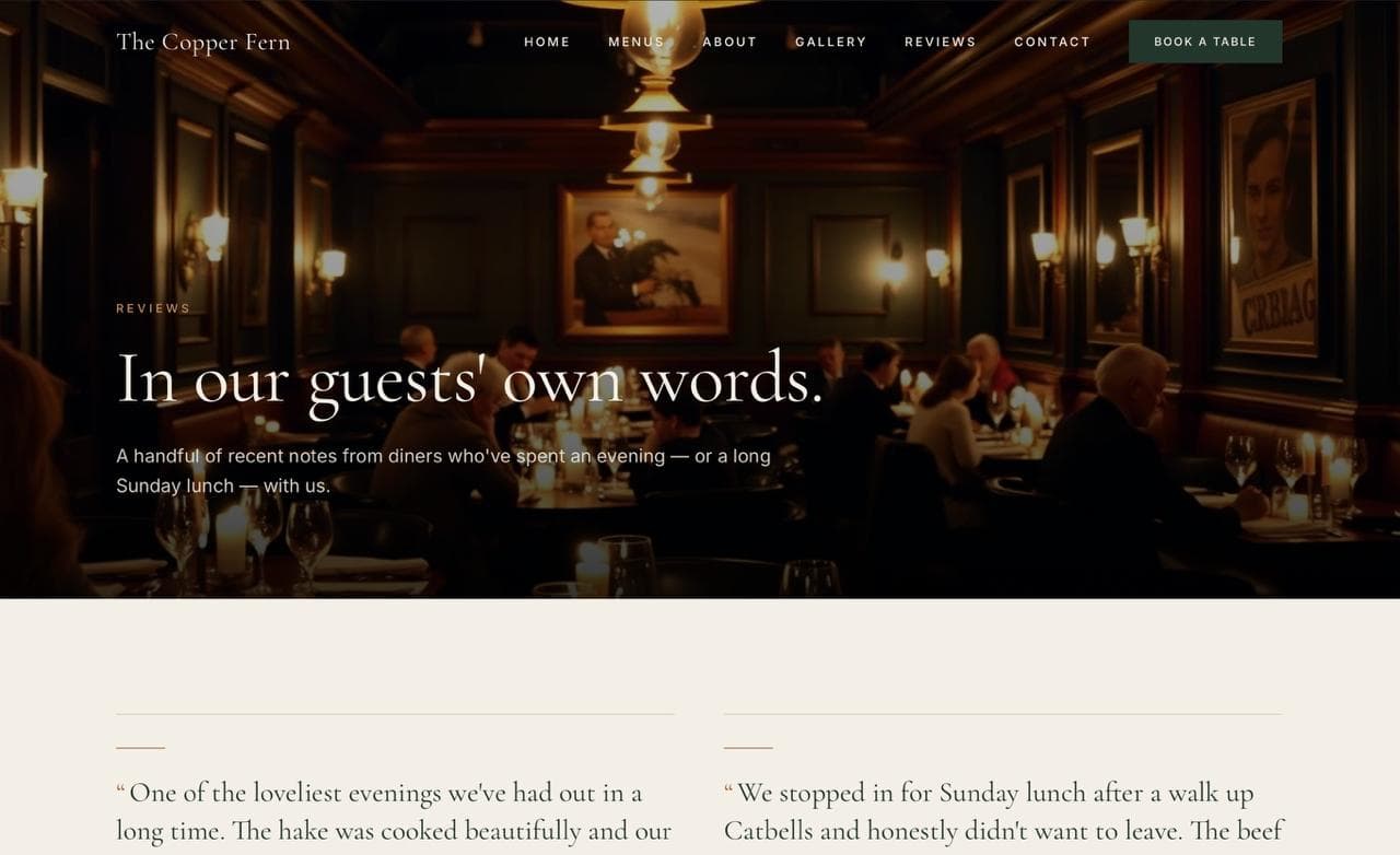 Copper and Fern Kitchen restaurant website concept shown in a browser window